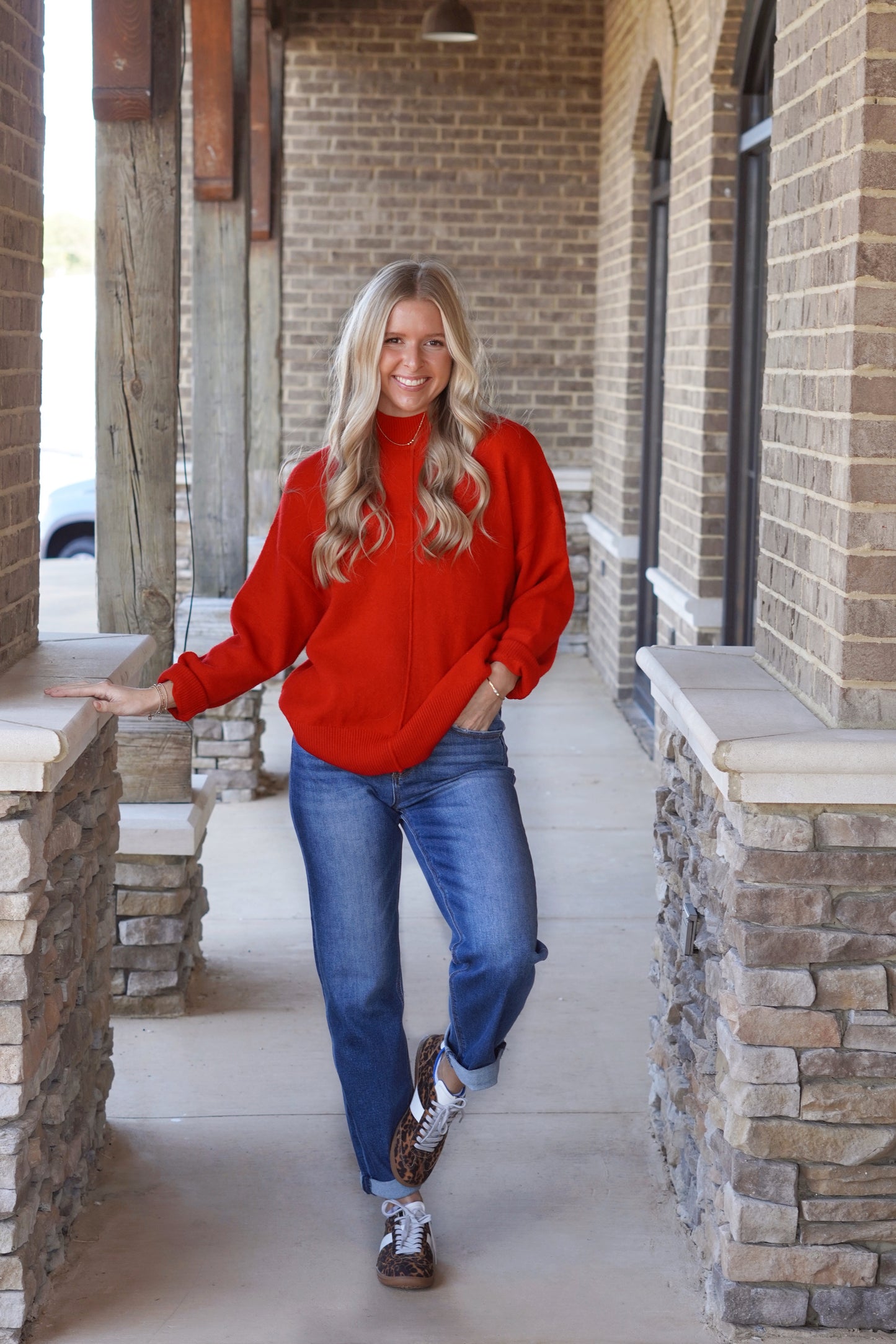 So Cozy Mock Neck Sweater, Mock Neckline, Long Sleeves, Front Seam, Full Length, Relaxed Fit, Color: Red