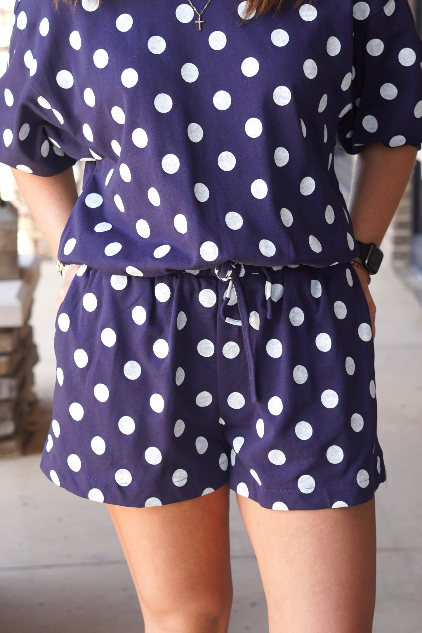 Nola Navy Polka Dot Drawstring Shorts