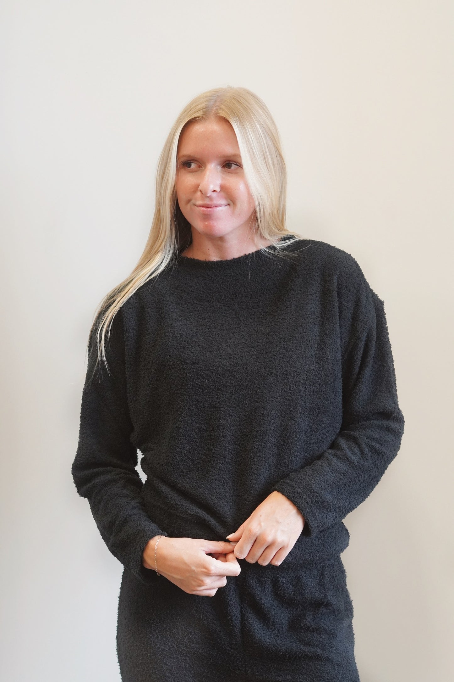 Black Cozy Knit Long Sleeve from Amanda  Blu, Crew Neckline, Long Sleeves, Relaxed Fit, Terry Cloth Fabric. 