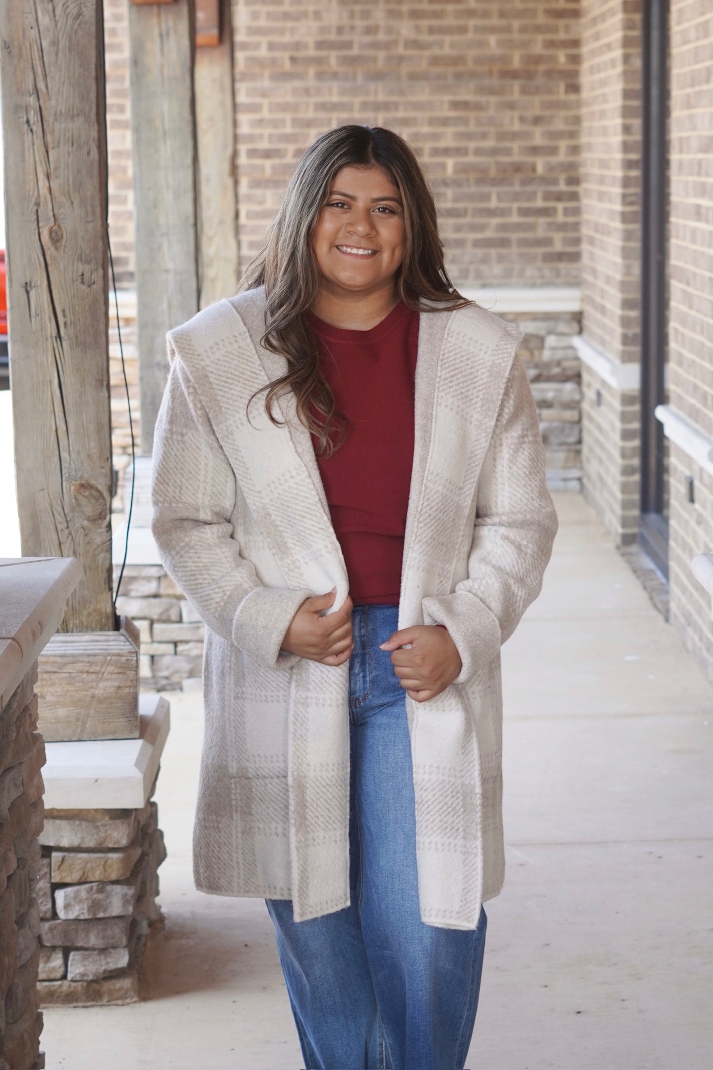 Camille Cozy Plaid Hoodie Cardigan, Round Neckline, Long Sleeves, Relaxed Fit, Hoodie, Pockets, Color: Sand