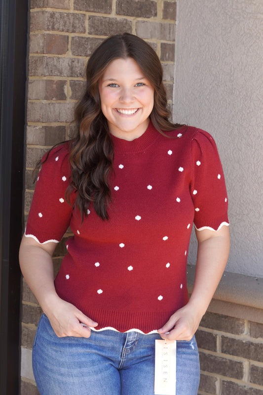 Darlin Deep Red Polka Dot Scallop Top