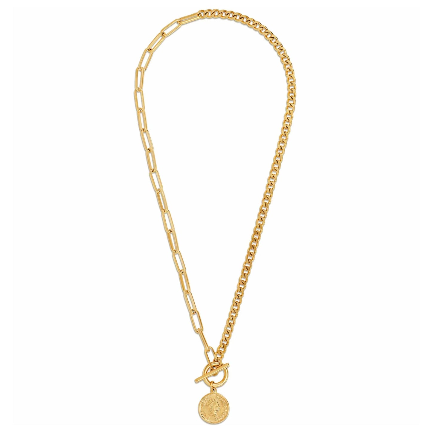 gold necklace with two different chains, toggle closure, and a coin charm pendant, 20" length