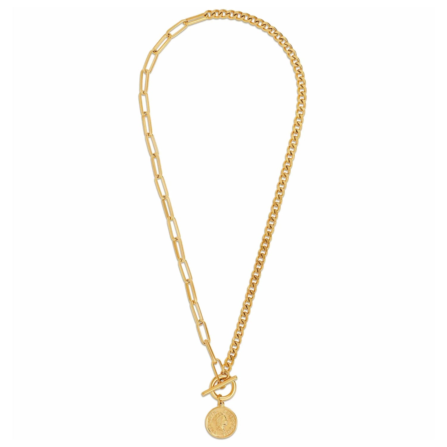 gold necklace with two different chains, toggle closure, and a coin charm pendant, 20" length