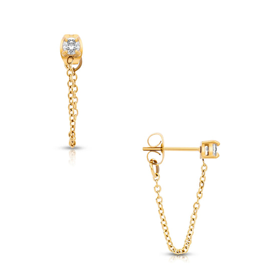 Crystal stud earring with looped chain detail, size is 3mm stone, 2.5 cm drop