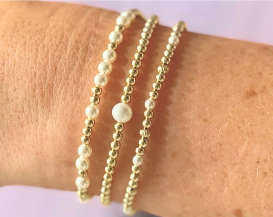 3 Piece Bracelet Set, All Gold with White and Pearl Accents