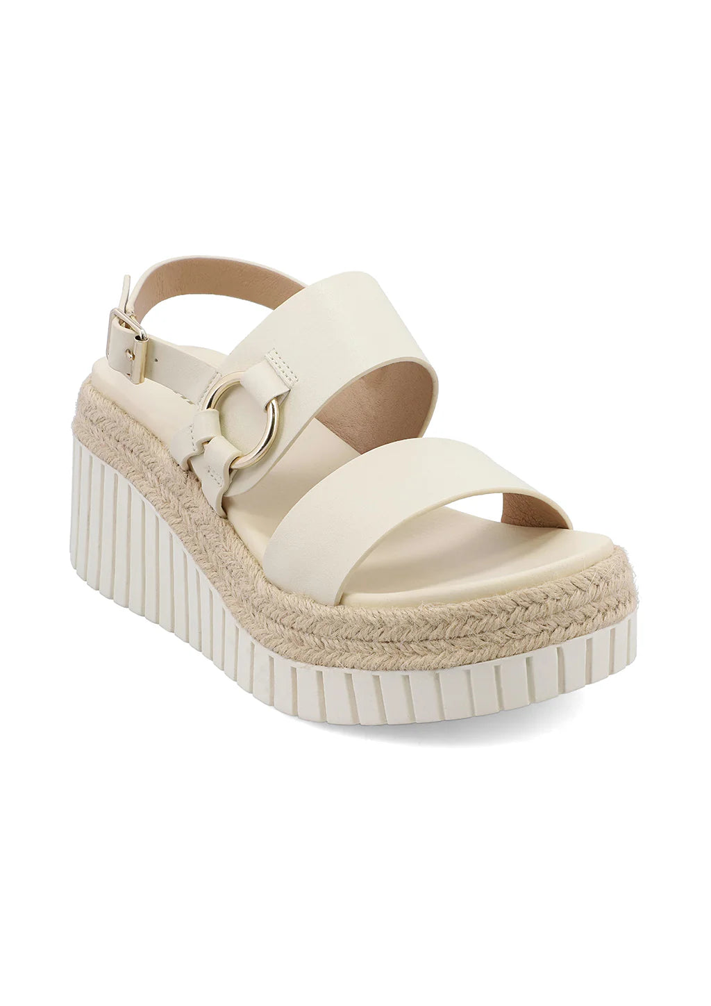 Mia Yuna Platform Sandal, ring detailing, adjustable buckle, and braided raffia, MIA signature footbed, Heel height is 2.3inch, Bone Color