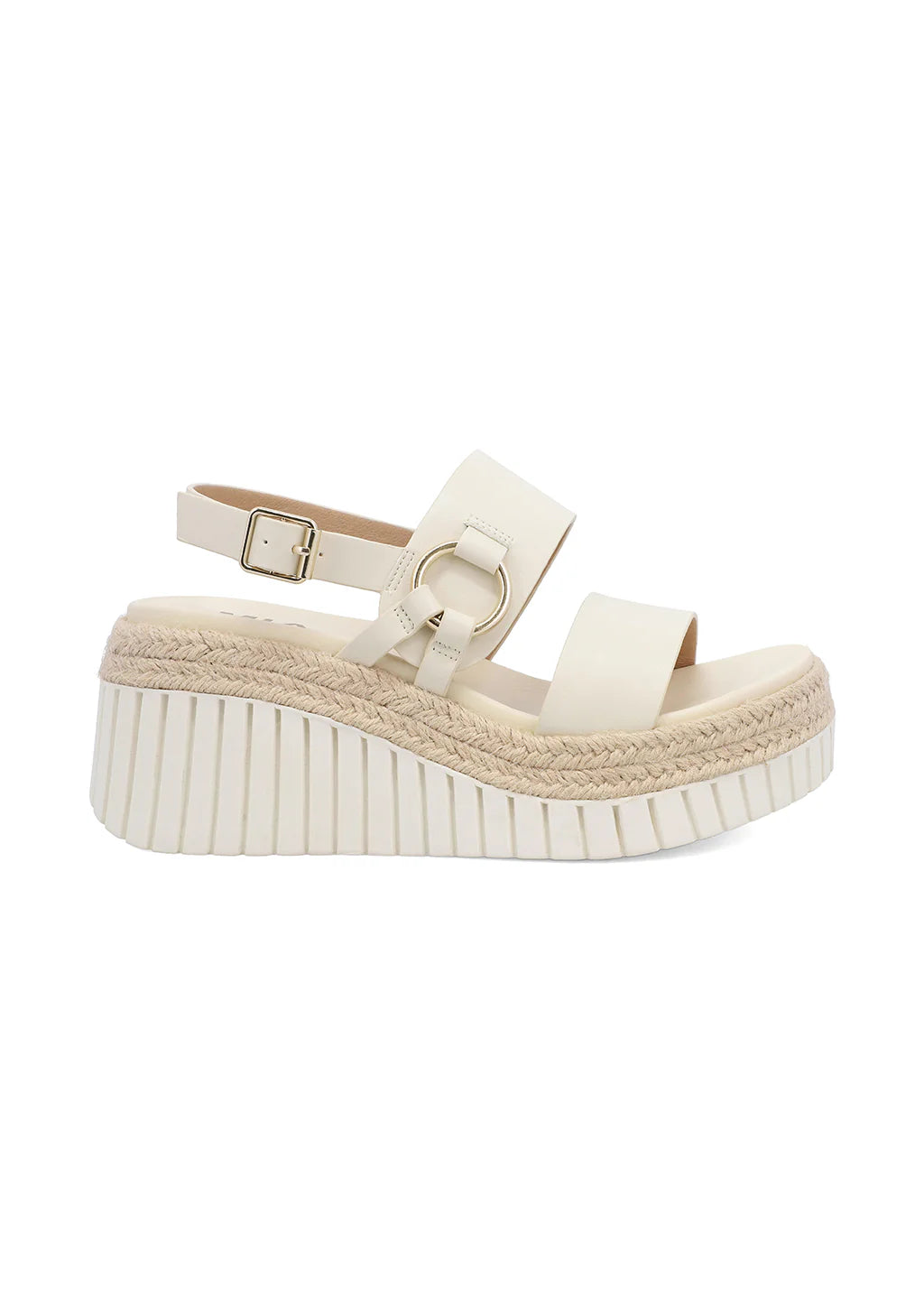Mia Yuna Platform Sandal, ring detailing, adjustable buckle, and braided raffia, MIA signature footbed, Heel height is 2.3inch, Bone Color