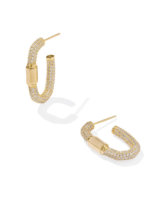 Yellow gold plated post earrings, small crystal stones make up a half oblong hoop with a gold bar on the front.