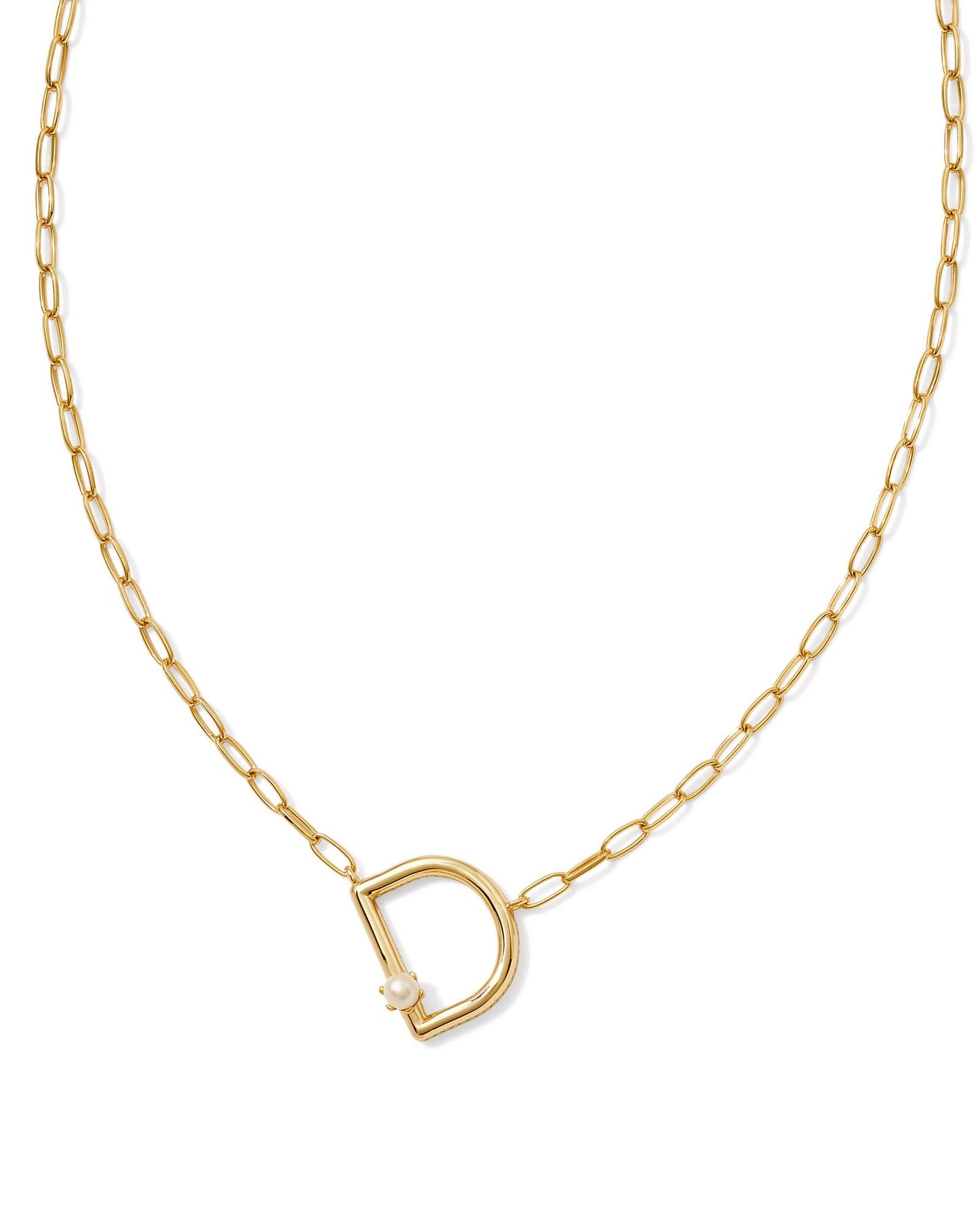 gold necklace with an initial pendant that has a singular pearl stud on it. Initial D