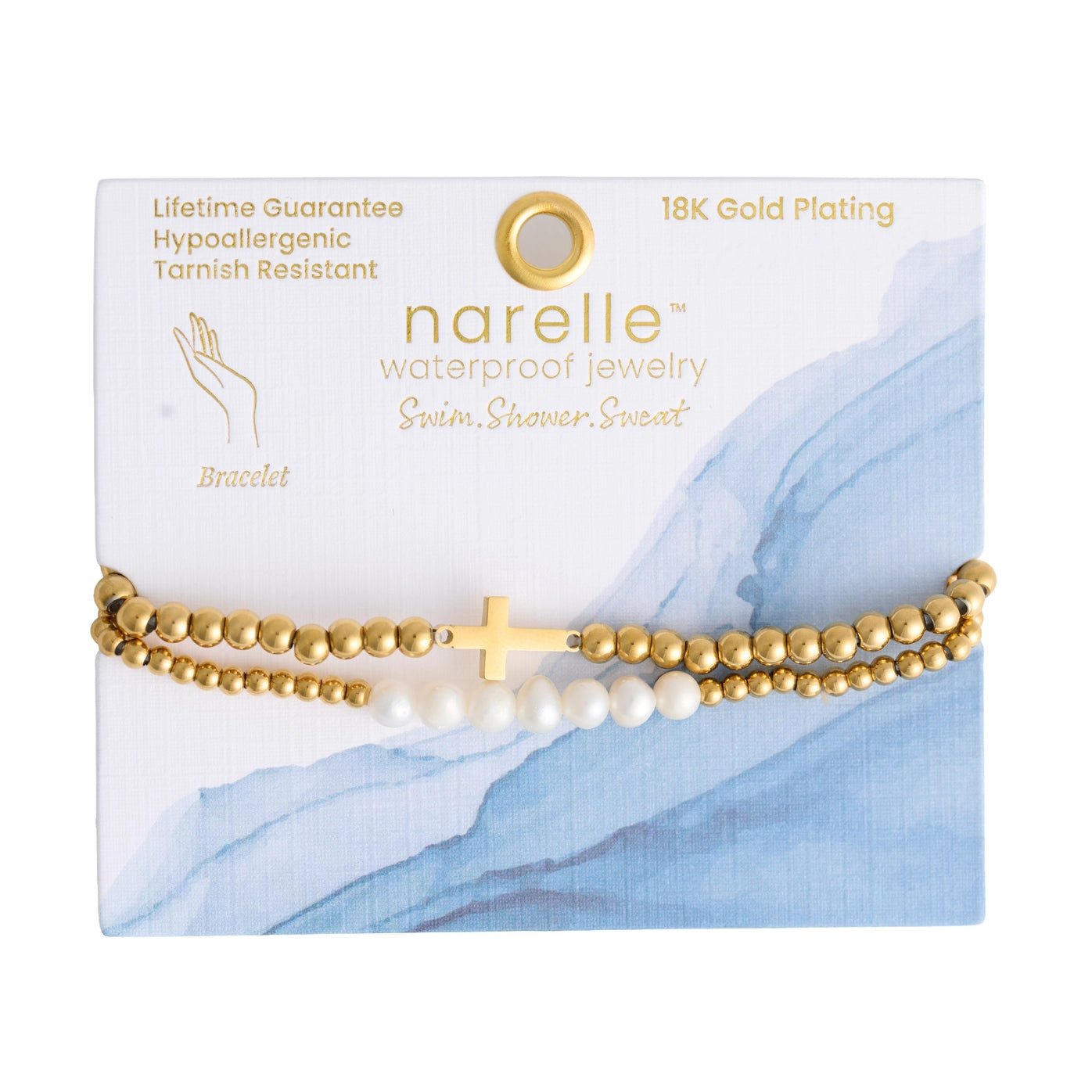 Narelle Waterproof Pearl and Cross Stretch Bracelet Set Gold