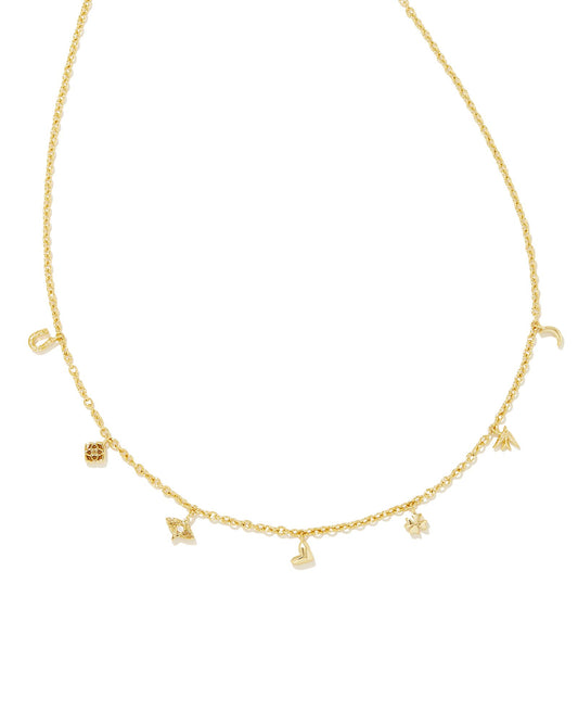 Bring a little luck to your necklace stack with the Beatrix Gold Strand Necklace in White Crystal. Featuring petite charms shaped like a horseshoe, clover, heart, moon, and our signature medallion, this adorable strand necklace is the perfect way to add some personality to your look. Textured and with just a touch of sparkle, this necklace will charm you—and everyone around you—with every wear.