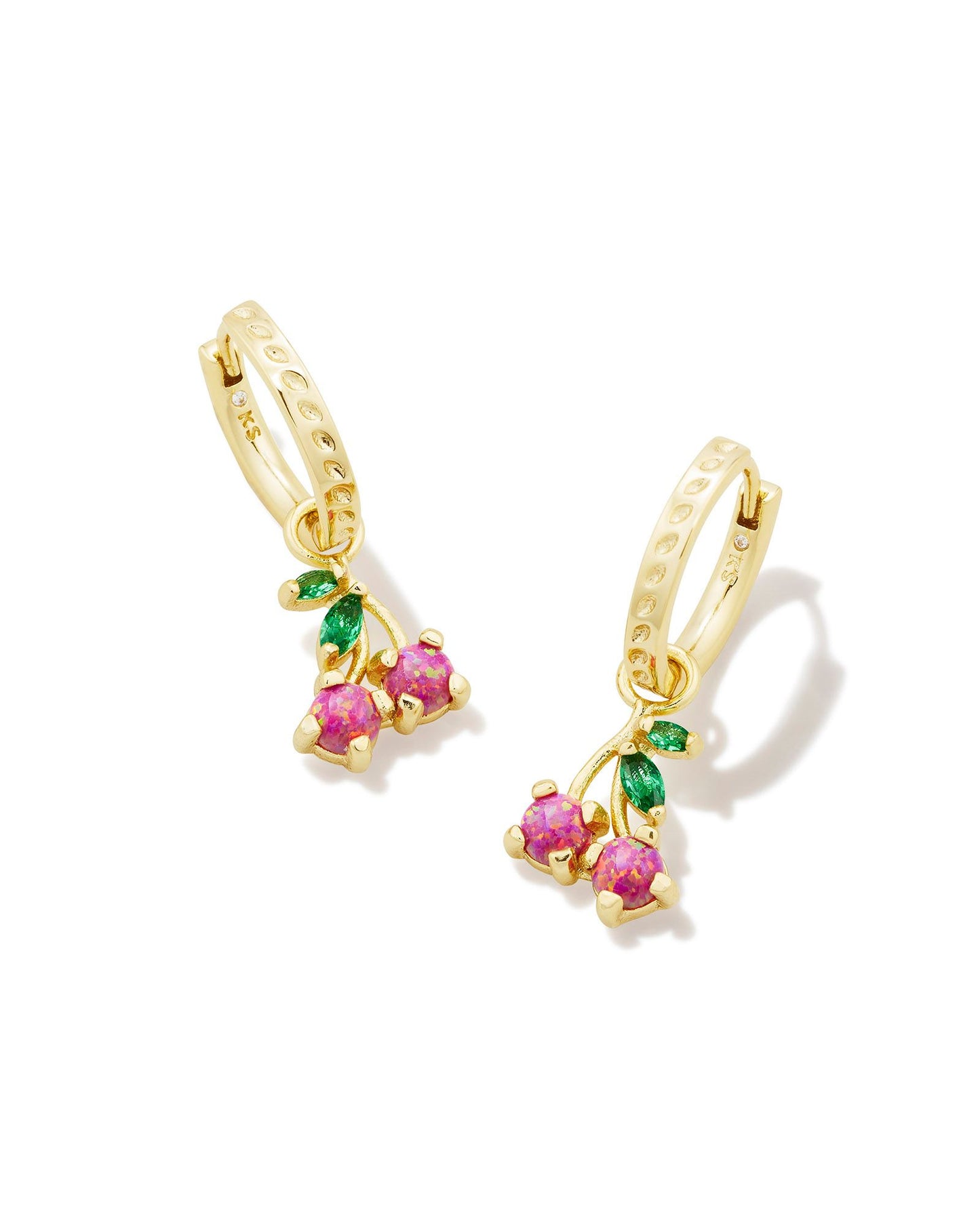 small gold huggie earrings with pink cherry crystal charms