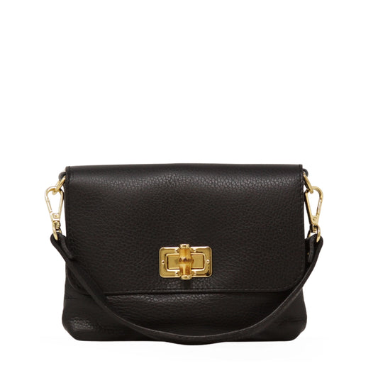 Genuine black leather crossbody and clutch purse with Gold turn lock closure and detachable strap for crossbody feature displayed.