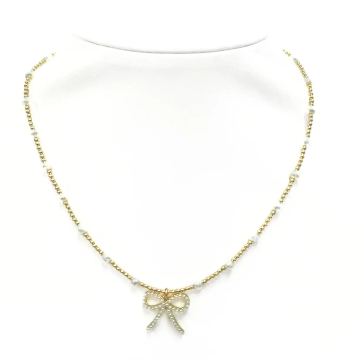 Bara FWP Bow Charm Gold Filled And Pearl Beaded Choker