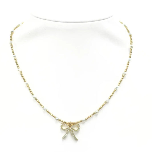 Bara FWP Bow Charm Gold Filled And Pearl Beaded Choker