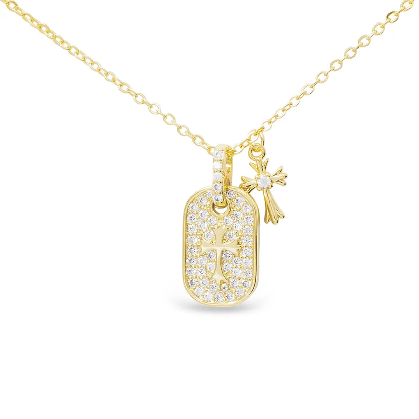 Gold Cz Double Pave Pendant Classic Cross Necklace