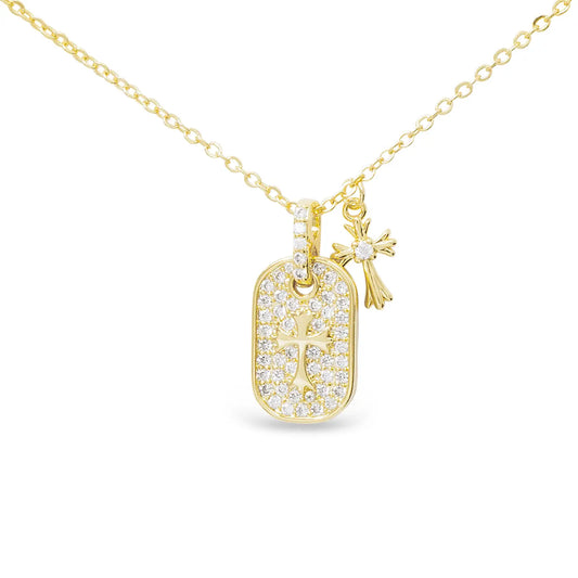 Gold Cz Double Pave Pendant Classic Cross Necklace