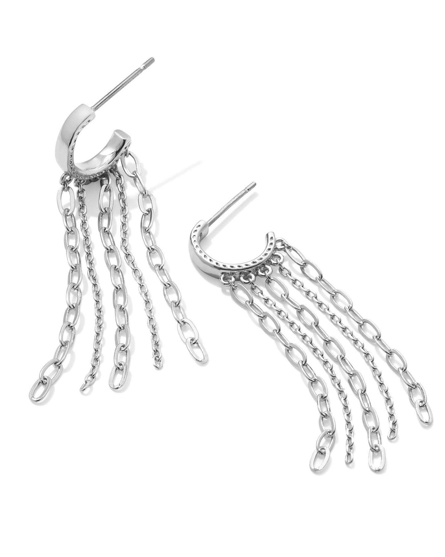 rhodium stud hoop earrings with chain tassels