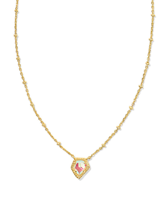 gold necklace with a bead detail, geometric shaped pendant In a dichroic glass colored stone
