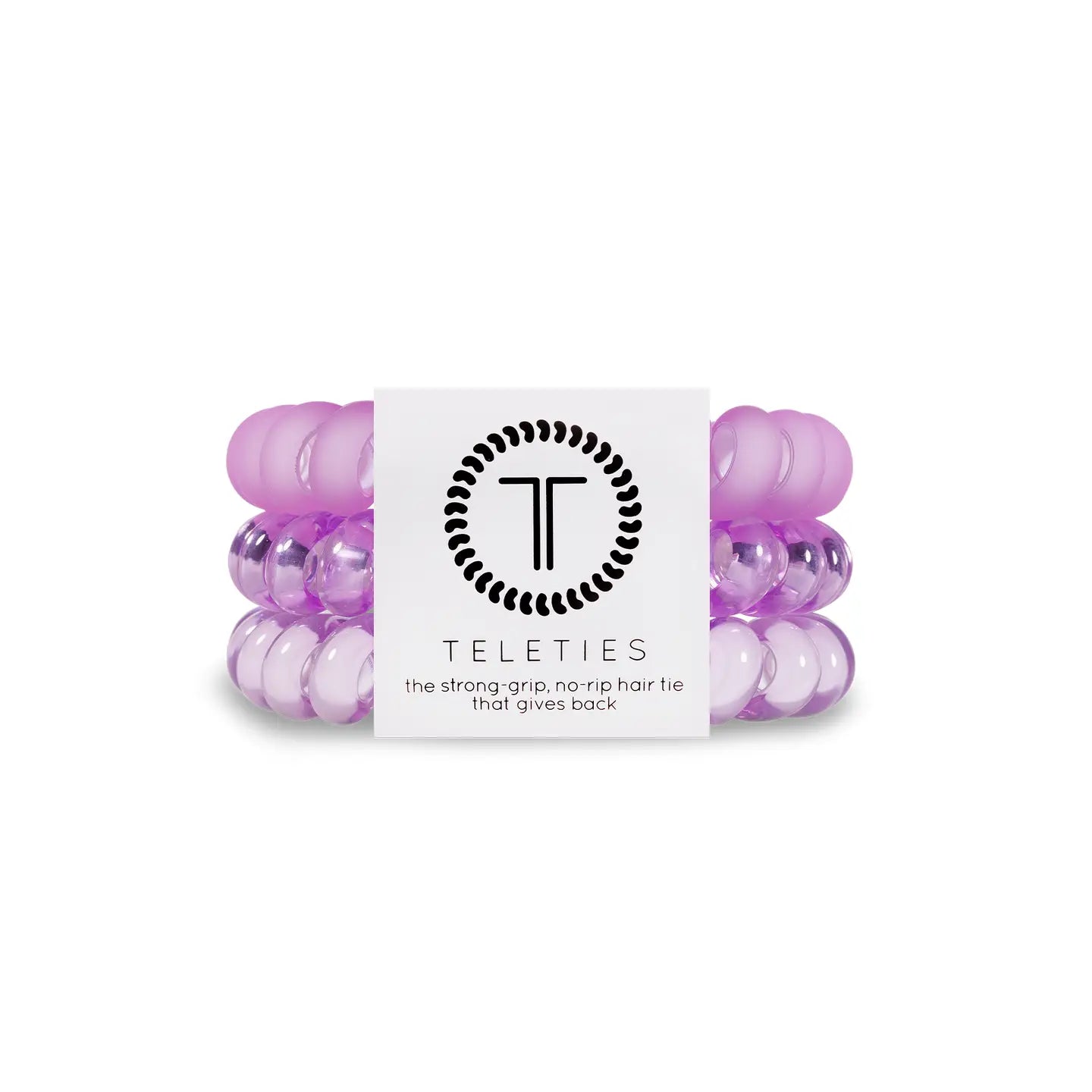 set of three teletie hair coils. one matte purple, one translucent purple, and one pastel purple