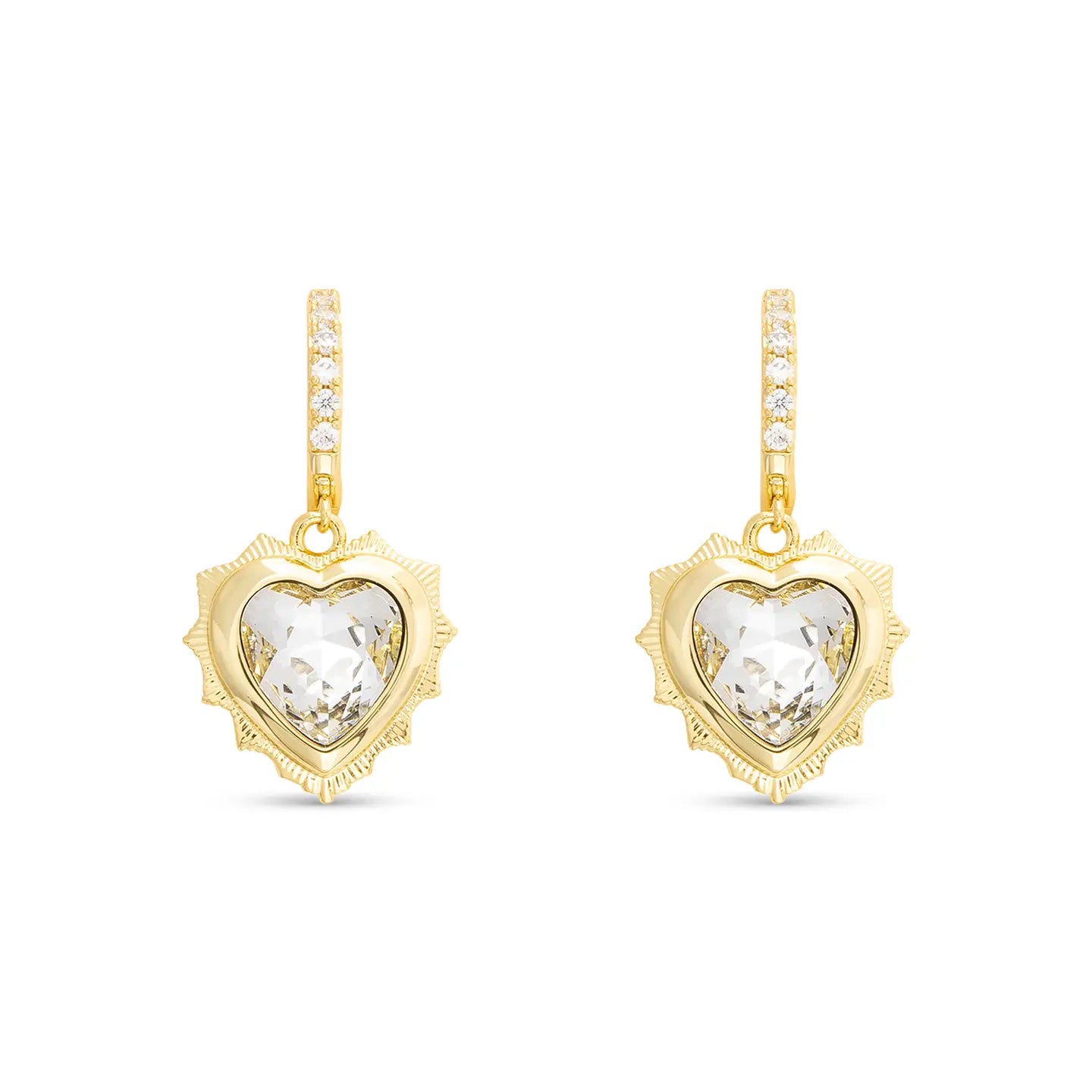 Gold Huggie Earrings with Gold Dangle Heart Pendant Filled with Birthstone Crystal