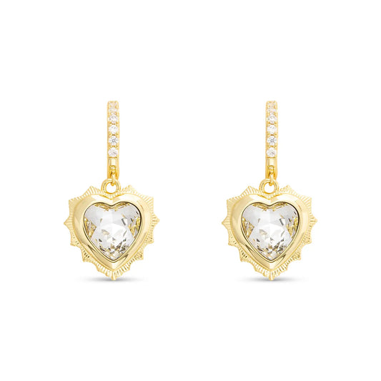 Gold Huggie Earrings with Gold Dangle Heart Pendant Filled with Birthstone Crystal