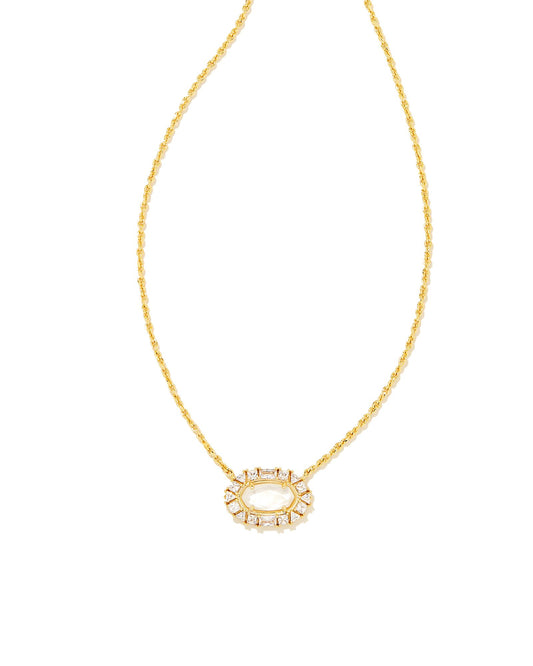 The best seller you know and love gets a regal update in the Elisa Crystal Frame Short Pendant Necklace in Gold Ivory Mother of Pearl