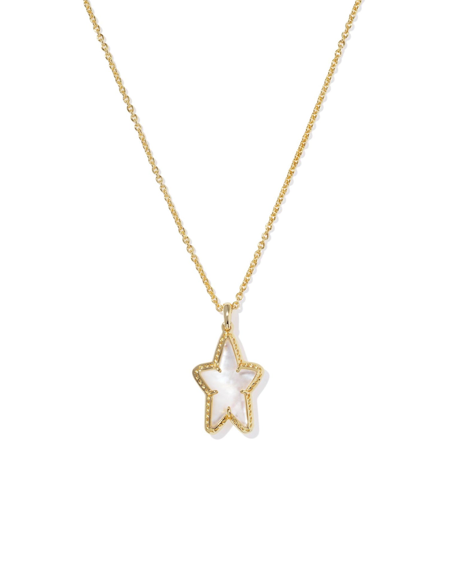 gold necklace with a star pendant that has an ivory mother of pearl stoned center, size is 19' CHAIN, 0.76"L X 0.48"W PENDANT