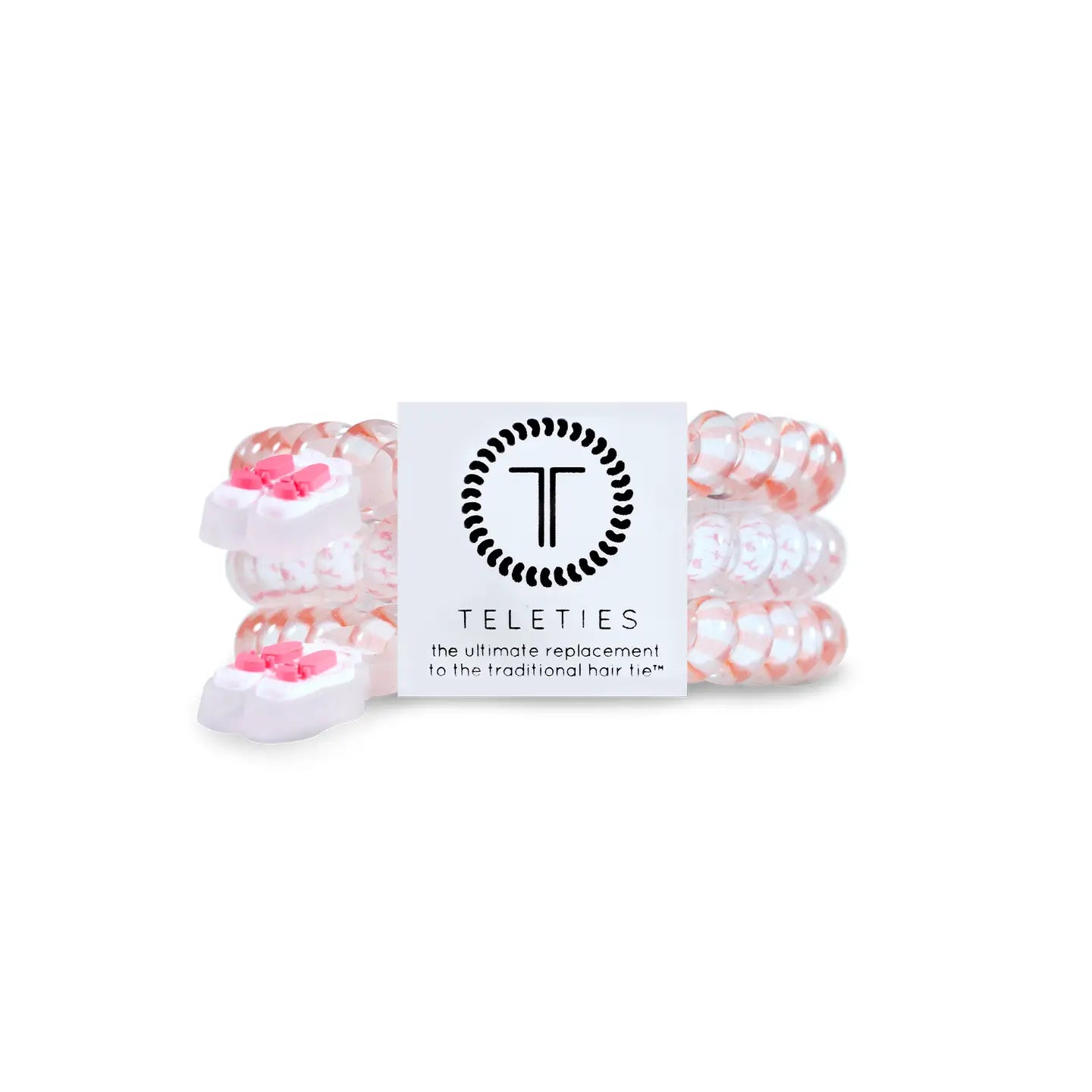 set of three hair coils: two white with pink stripes and ballet shoe charms, one white with tiny pink ballerinas