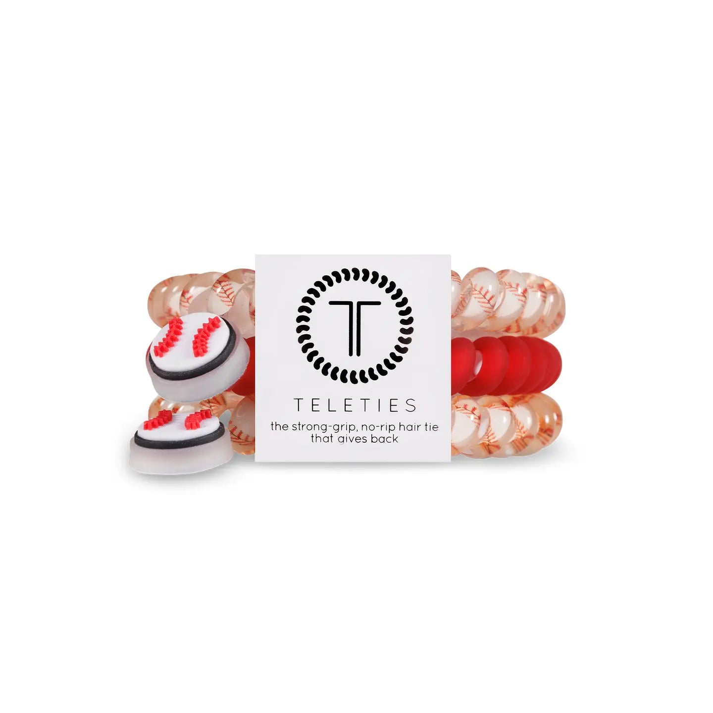 set of three hair coils: one matte red, and two baseball printed with baseball charms