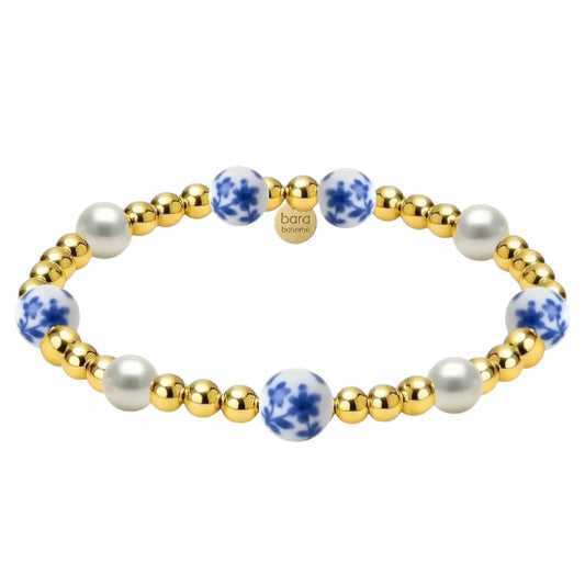 Cherry Blossom Gold Filled Beaded Bracelet with blue Porcelain and Pearls