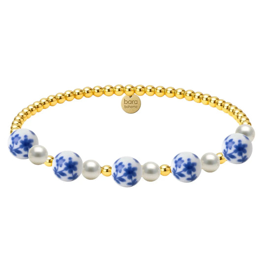 Gold Beaded Bracelet Peony with Blue  Porcelain and Pearls 