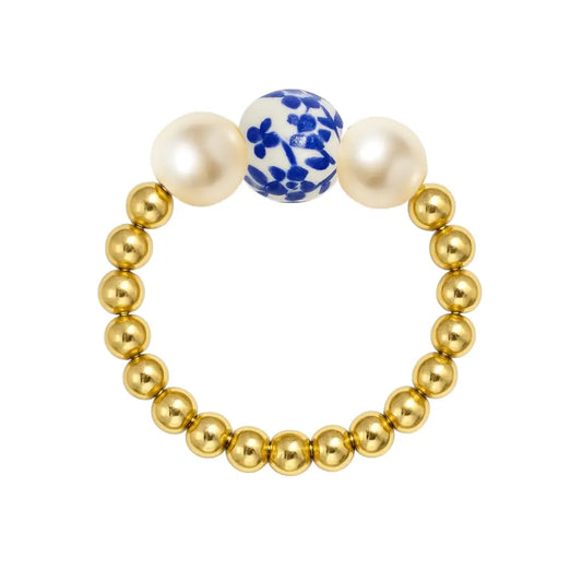 Single blue Porcelain and pearl Gold Beaded Stretchy Ring