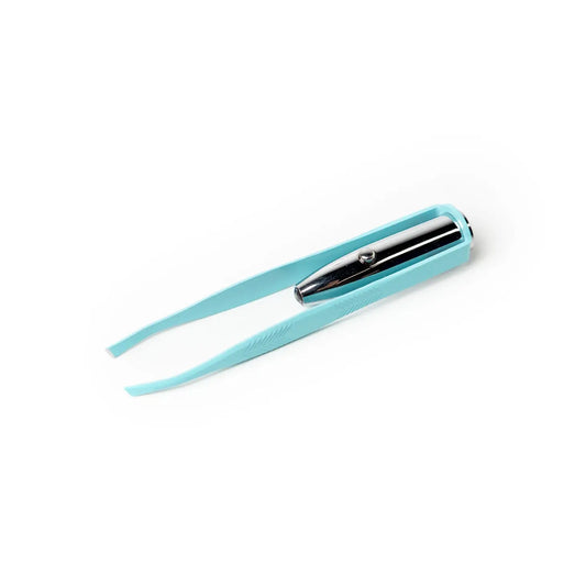 Precision grip tweezers t Targeted LED beam Easy & precise grooming Push button on/off Batteries included agave color