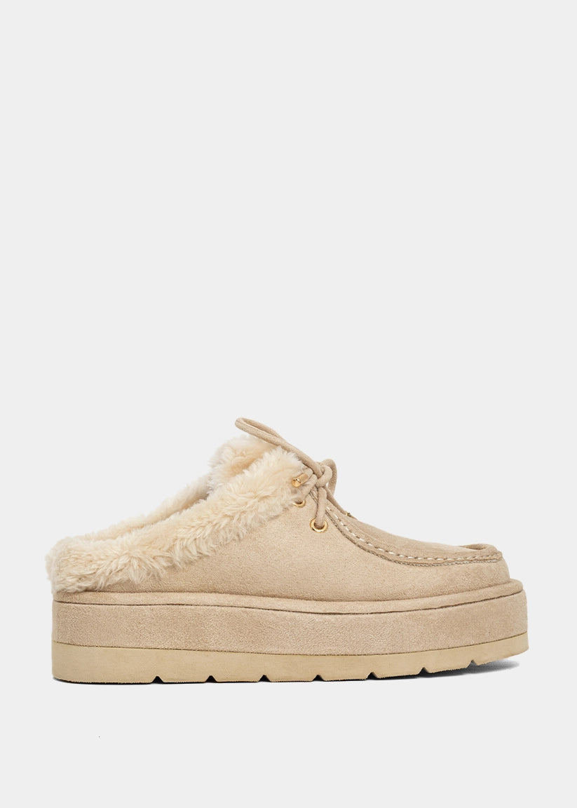 Bone suede platform clog with faux-fur lining and a lace detail   