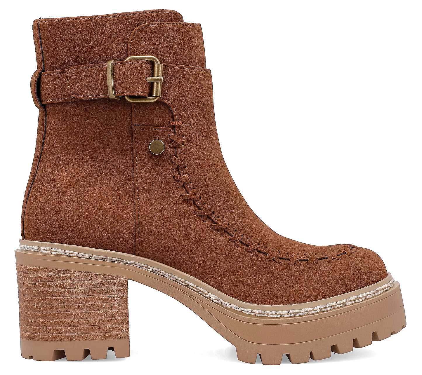 Elevate your style with the TOULA. This modern boot is crafted from faux suede material in a chocolate color and features a buckle accent detail and a zipper closure along the shaft. Finished on our platform lug sole with a stacked 2.7-inch platform heel.