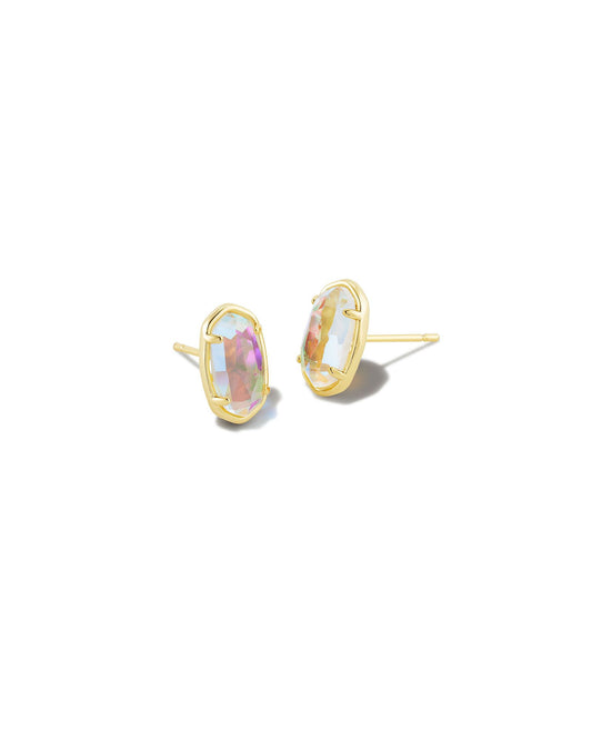 A polished pair of studs in our signature shape. The Grayson Gold Stud Earrings are sophisticated and unique, featuring our iconic silhouette inlaid with a genuine Gold Dichroic Glass stone A soft, blushing hue courtesy of the microscopic inclusions within, this genuine and undyed stone inspires love, healing, and nurturing.