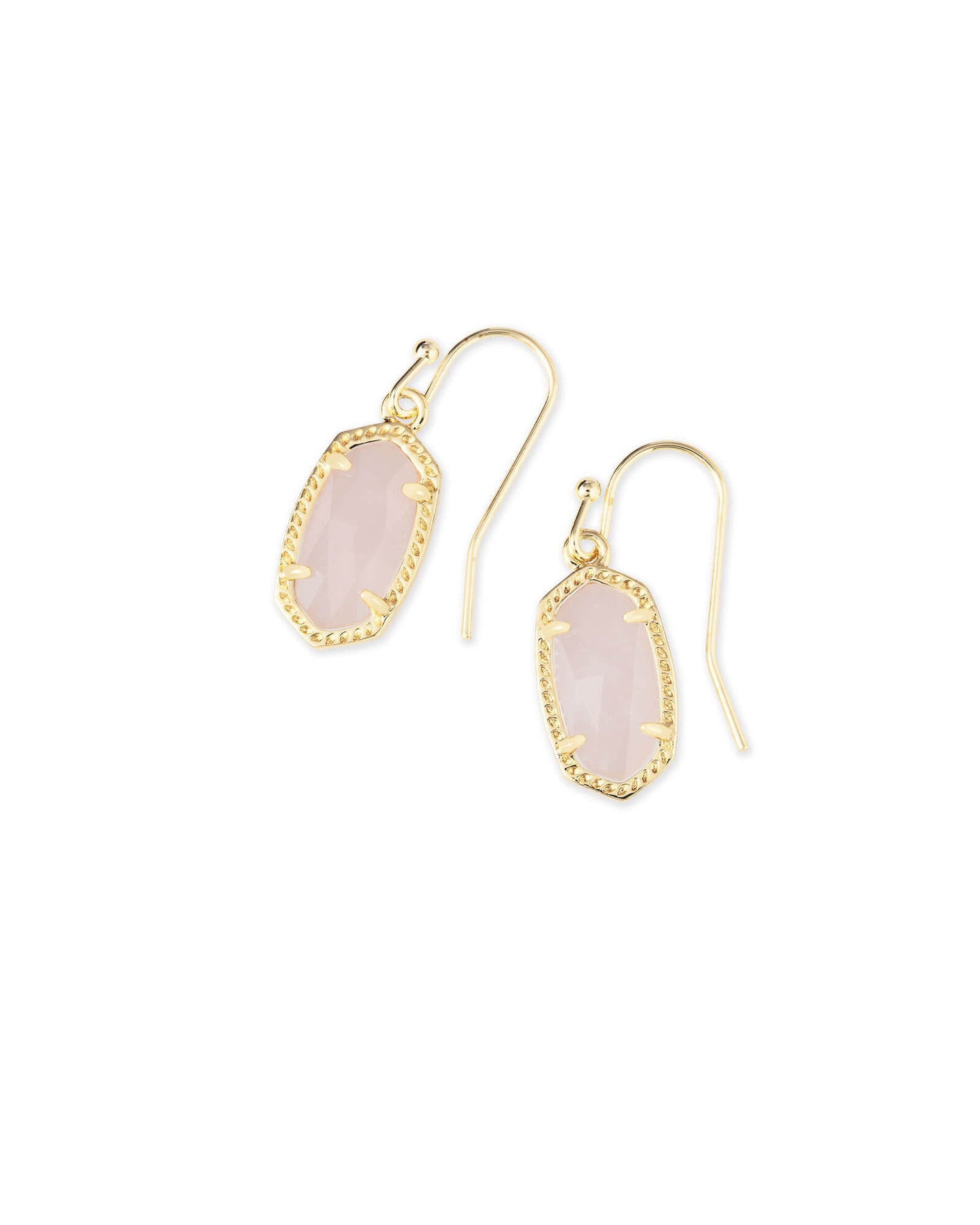 Our classic oval shape goes dainty in the Lee Drop Earrings, a subtle take on a signature style. These drop earrings are perfect for everyday wear, adding a touch of elegance to any outfit. We're certain that our Lee Drop Earrings will become a staple piece in your jewelry box.  Dimensions- 0.63'L x .38'W on ear wire Metal- 14k Yellow Gold Over Brass Closure- Fishhook rose quartz stone