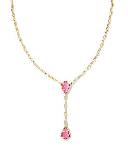 Y neck Chain Necklace with two pink pendants 9" Chain, 2" Drop
