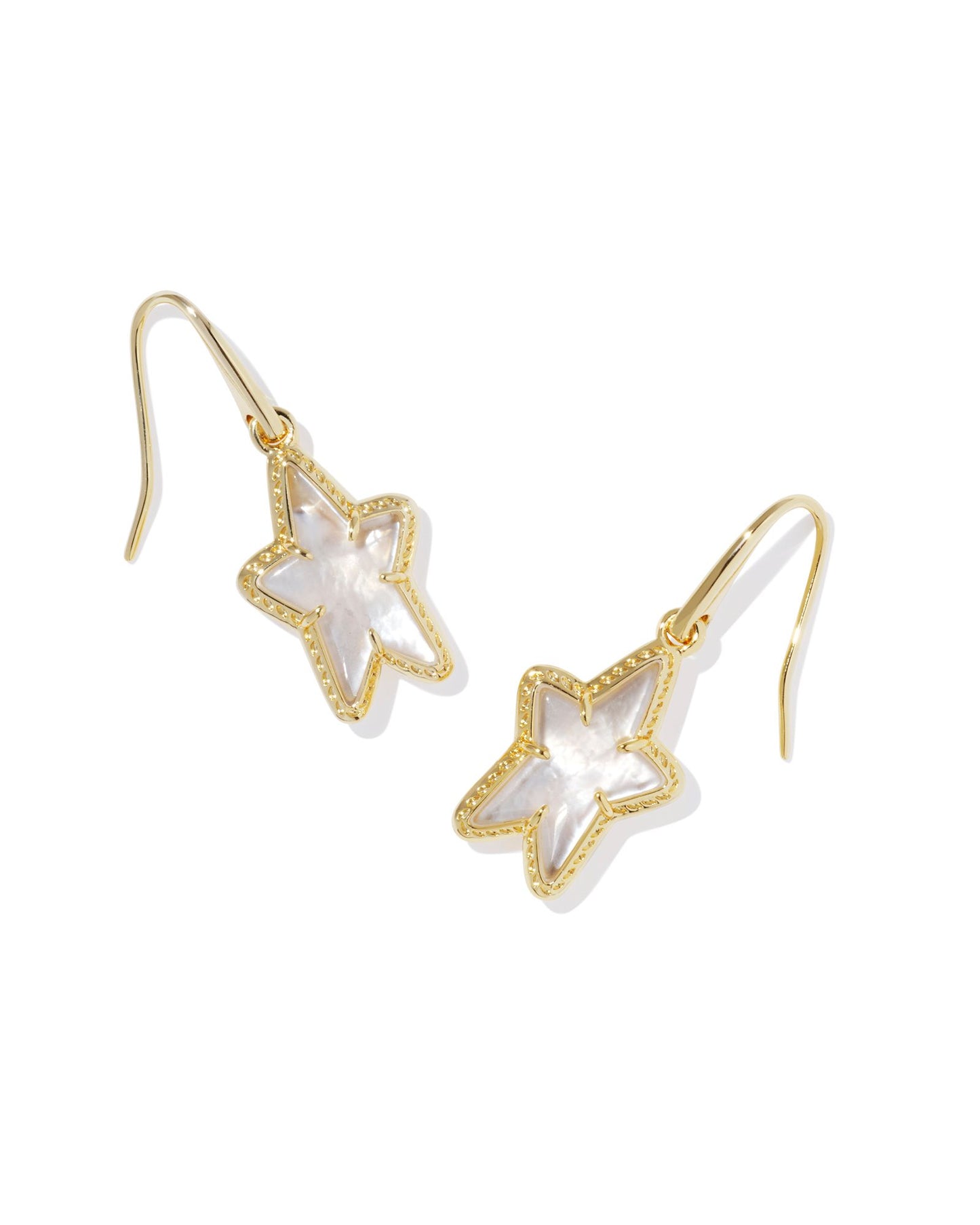 drop earrings with a star charm with a ivory mother of pearl stoned center , size is 1.42'L X 0.38"W