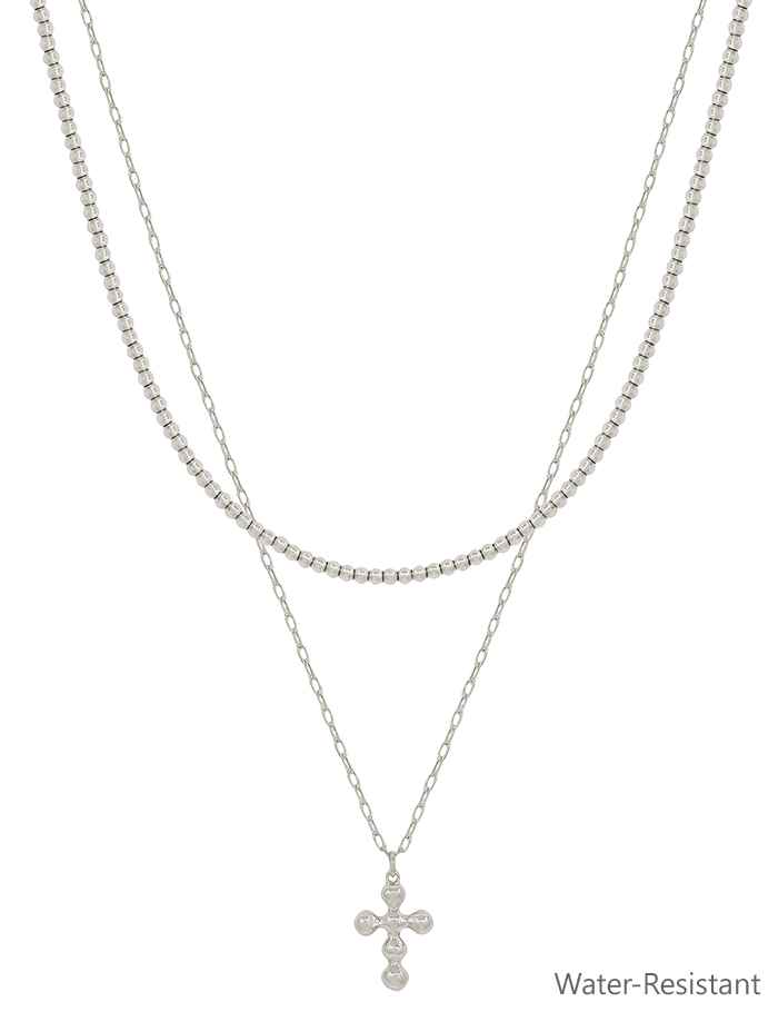 Silver 2mm Beaded Chain with Silver Cross Layered Necklace, Water Resistant