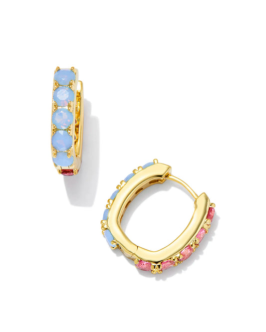 reversible Gold Huggie Earrings. One side is pink crystals and the other is blue crystals