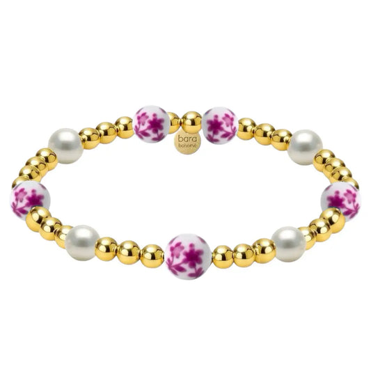 Cherry Blossom Gold Filled Beaded Bracelet with Porcelain