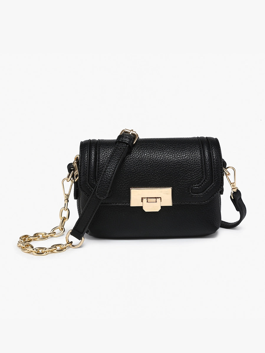 Chic Detailed Snap Crossbody, Three Compartments, Push-Lock Closure, Adjustable/Removable Strap, Black Color. 