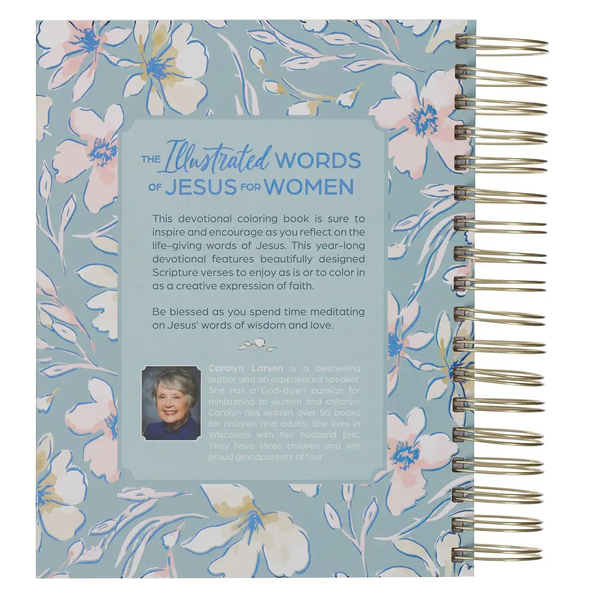 Serene garden scene cover design, Gold-foiled title, Hardcover, Gold metal wire-o binding, One-color interior, 392 double-sided pages, 366 devotions, Year-long devotional,  Ruled journaling lines, Illustrations to fill with color,  Daily quote, Presentation page for gift-giving