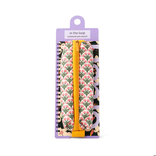 Notebook pen pouch with floral design and yellow zipper on display. 