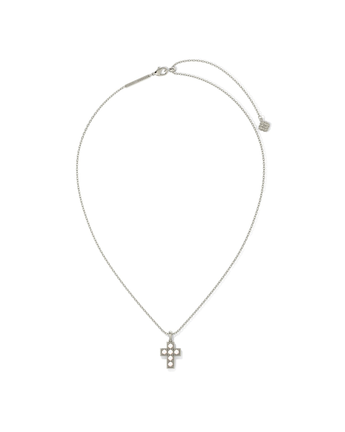 Rhodium necklace chain necklace with cross pendant with white pearls. Lobster clasp closure with slider bead to adjust the length.