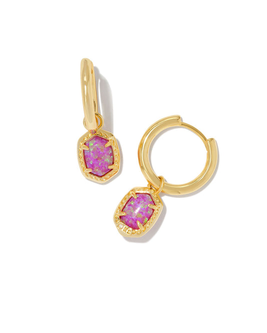 gold huge earring with a magenta opal charm , size is 0.58' OUTSIDE DIAMETER, 0.53"L X 0.3"W CHARM