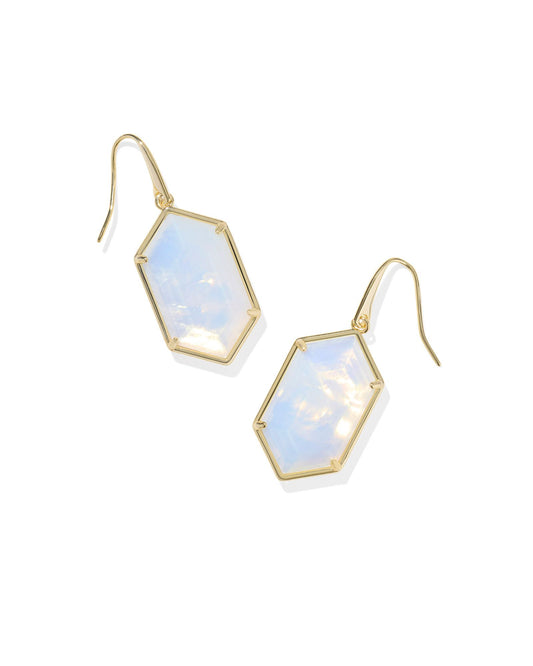 Gold Drop Earrings with Gold Border and Iridescent White Pendant