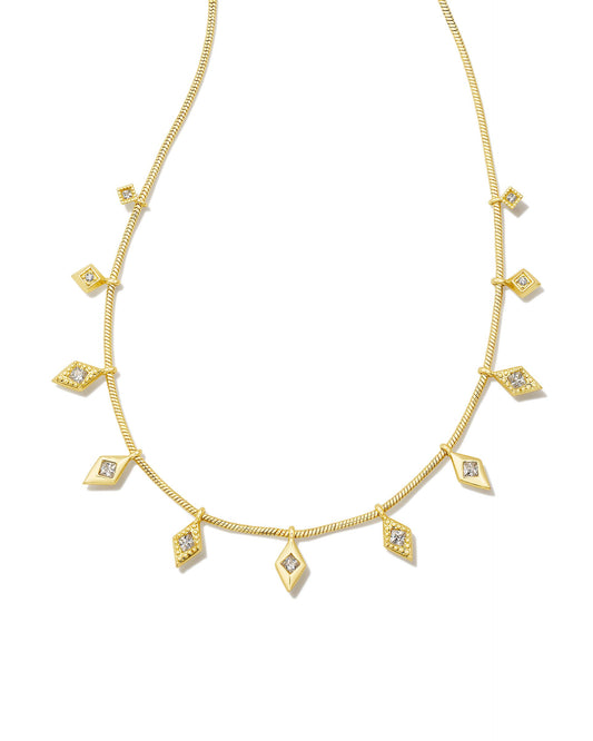 Add a timeless touch of vintage glamour to your outfits with the Kinsley Gold Strand Necklace in White Crystal. A delicate chain with a dazzling assortment of diamond-cut crystal charms; this necklace will add a pop of texture to any layered look or sparkle as a solo style.